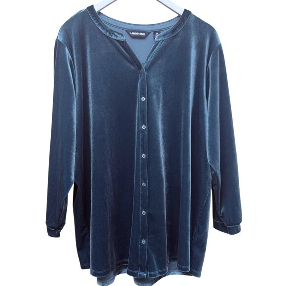 LANDS END Blue Velvet Top Plus Size 1X Stretch Button Front Womens Evening - Picture 1 of 7